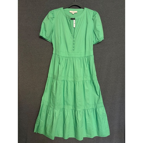 New LOFT Kelly Green Puff Sleeve Tiered Midi Dress Button Front Casual Size 4 - Picture 1 of 9